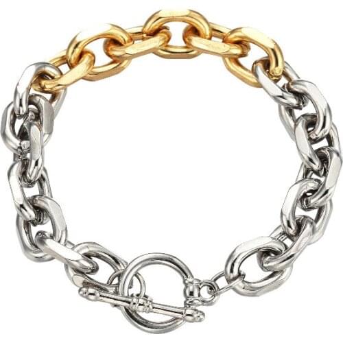 ORNAPEADIA New Gold Hip-hop Thick Chain Hollow Bracelet for Women Two-color Chain Fashion Stitching OT Buckle Bracelet