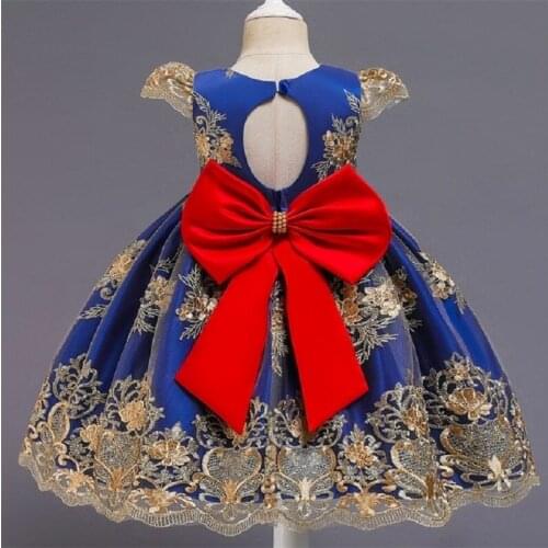 Embroidery Flowers Girls Dresses for Birthday Party Informal Children Clothes Kids Girls Red Bow Ball Gown Dress for Wedding New