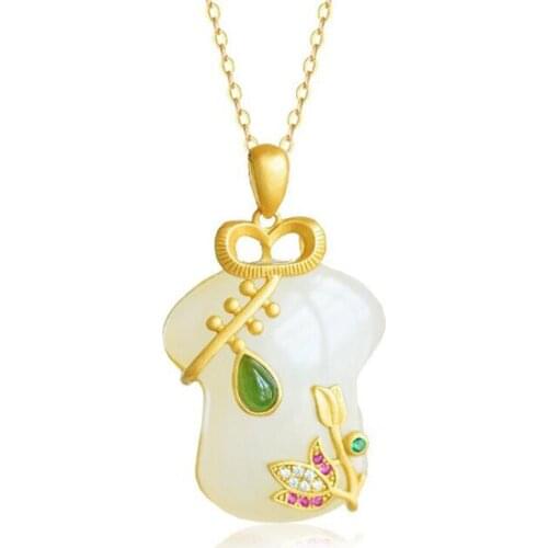 Pure Natural White Jadeite Pendant Yellow Gold Filled Clothes Necklace Pendant
