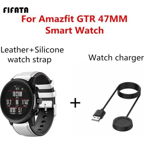 FIFATA 2 In 1 Leather+Silicone Double Layer Watch Strap And 1M Portable Charger For Xiaomi Huami Amazfit GTR 47mm Smart Watch