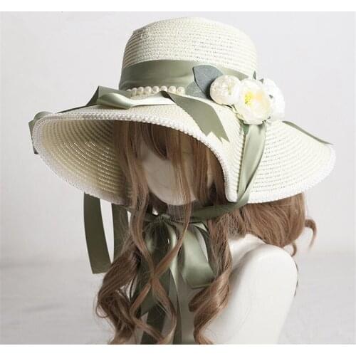 Vintage Mori Girl Cute Big Bow Lace Ribbon Lolita Straw Hat Elegant Princess Flower Lolita Flat Cap Beach Cap B1742