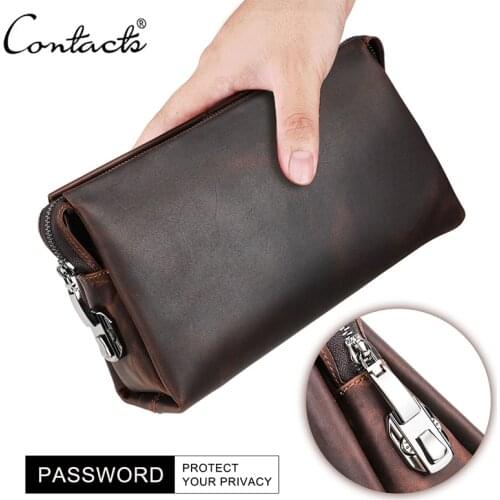 CONTACTS Men Clutch Bag Large Capacity Genuine Leather Men Wallets Cell Phone Pocket Coded Lock Design Business Long Purse Male