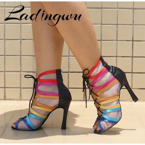 Ladingwu New Salsa Dance Shoes For Woman Colorful Satin And Breathable Mesh Latin Shoes Dancing Party Samba Tango Ballroom Shoes