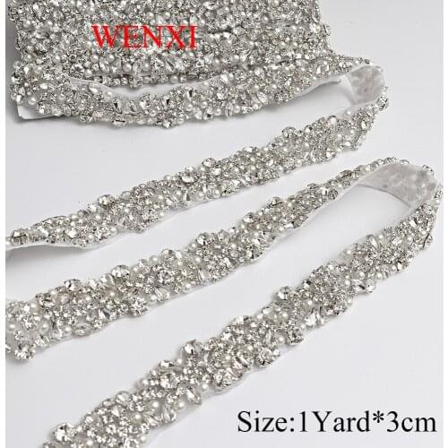 WENXI 30YARD Handmade Sewing On stick on Bridal beaded Crystal Rhinestone Applique Trim For Wedding Dress Sash WX880