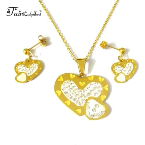 FairLadyHood Fashion Heart To Heart Jewelry Stainless Steel Heart Pendant Necklace And Earring With Zircon Women Jewelry Sets