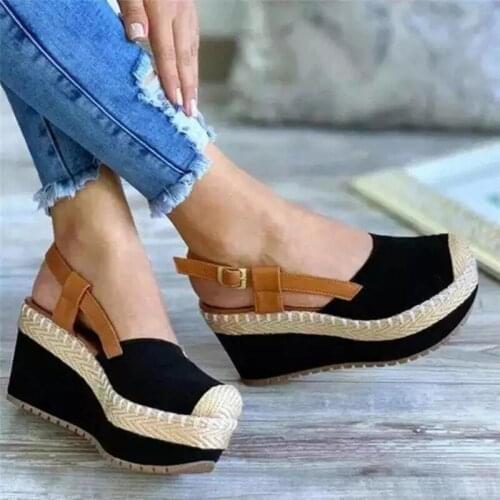 Womens sandal 21 summer straw wedged sandal middle heel buckle plus-size woman
