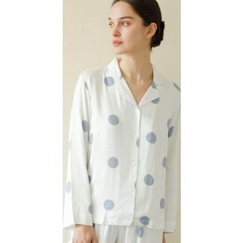 100% Viscose Long Sleeve Turn-down Collar Blue Dot White Womens Pajama Sets Long Pants Loose Sleepwear Spring Autumn Pyjamas