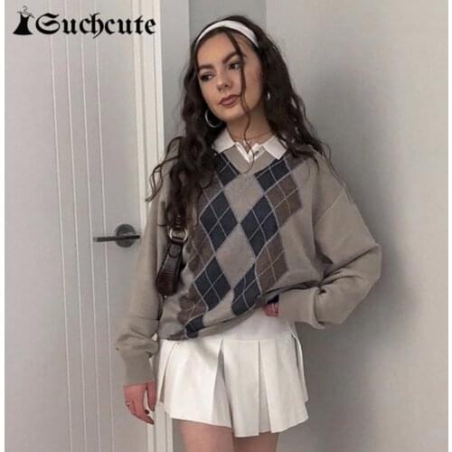 SUCHCUTE Vintage Argyle Plaid Sweater Y2K Aesthetic Women Pullover V Neck Long Sleeve 90s Knitted 2020 Autumn Streetwear