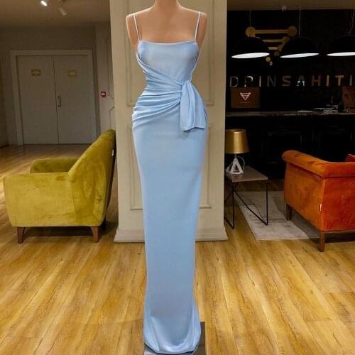 Light Blue Evening Gowns sukienka wieczorowa Spaghetti Straps Sheath Ruffles Custom Made Women Formal Long Gowns