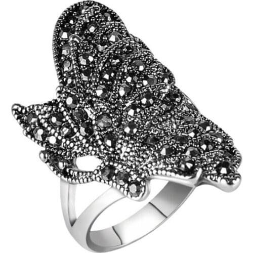Antique Silver Plated Butterfly Shape Inlay Black Crystal Finger Ring for Elegant Women Jewelry