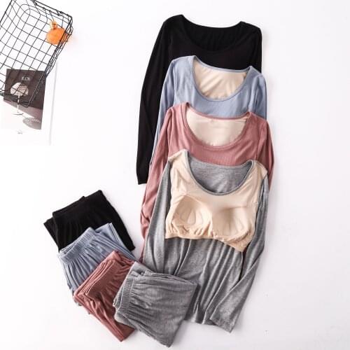 Fdfklak Modal With Chest Pad Long Sleeve Top And Bloomers Pajama Femme Nightwear Lingerie Autumn Winter New Sleepwear
