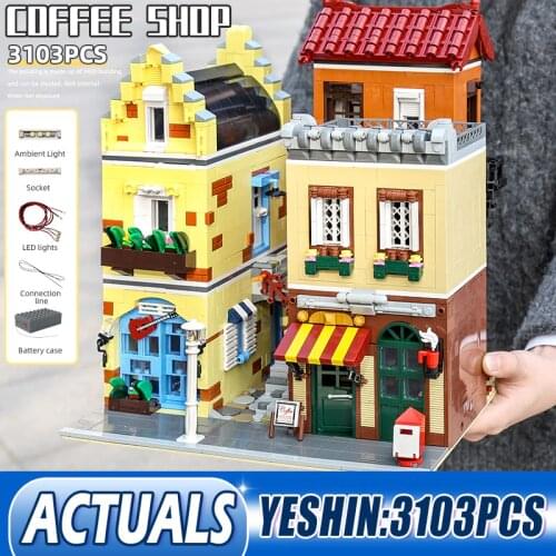 Mould King 16008 Streetview Toys MOC LED Lighting Coffee House Kits Cafe Store Set Building Blocks Bricks Kids Birthday Gifts