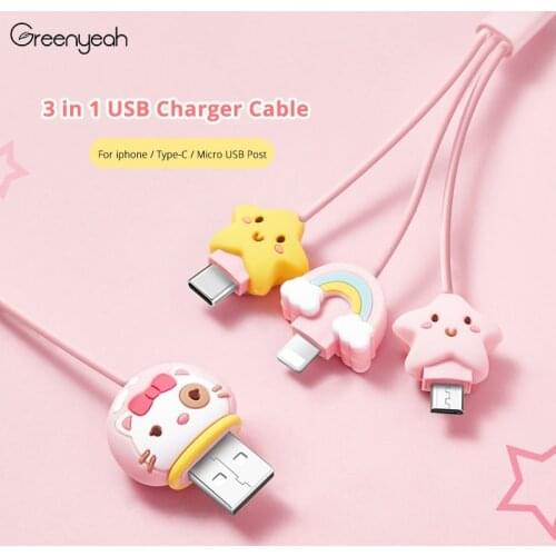 3 in 1 Cartoon Micro USB Type C for Lightning Cable Android For iPhone Charger Fast Charging USB C For iPhone 11 8 Xiaomi Huawei