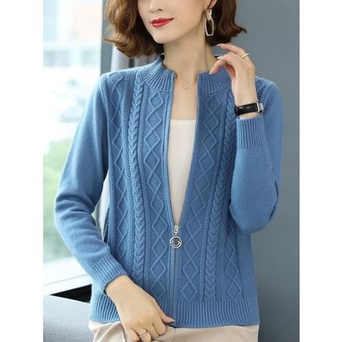 Cashmere womens new loose zippered collar wool top knitted cardigan sweater jacket