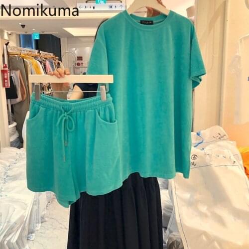 Nomikuma Spring Summer 2021 New Shorts Sets Short Sleeve O-neck T Shirts + Lace Up Waist Short Femme 2pieces Women Suits 6G026