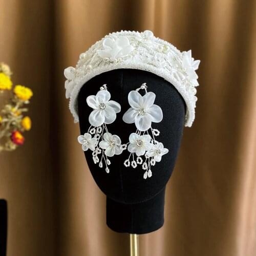 Beautiful Beaded Petals hairbands embroidery flower earrings sets luxury New Mori Headband Hair Band Set Bridal Wedding tiara