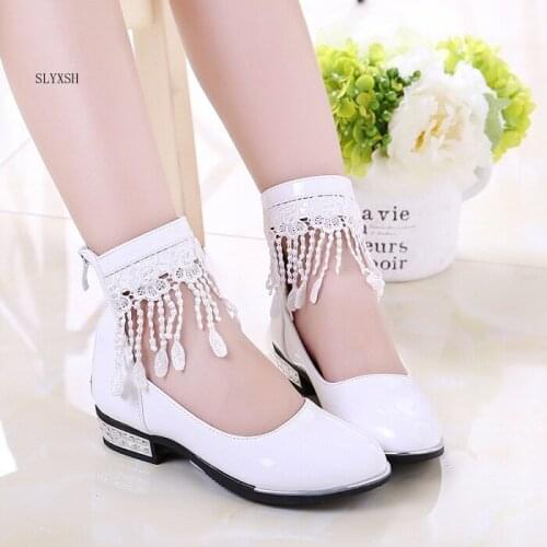 Pink White Black Girl PU Leather Shoes For Girls Party Lace Dance Children Kids Shoes 2-14 Years Princess Child Wedding Shoes