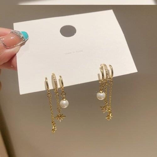 Rhinestone Eight-pointed Star Pearl Dangle Earrings for Women Long Tassel Eardrop Fashion Jewelry Female Trendy Drop Earrings