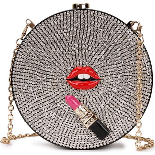 Luxury Diamond Red Lips Lipstick Acrylic Fashion Ladies Party Handbags Dinner Bag Shoulder Bag Crossbody Mini Purse Flap