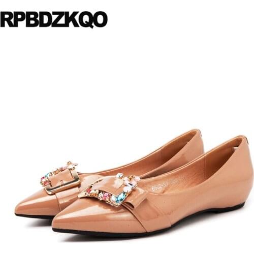Nude Metal Pointed Toe Flats Wedding Flower Patent Leather Women Dress Shoes Crystal Diamond Rhinestone Lightweight Party Floral