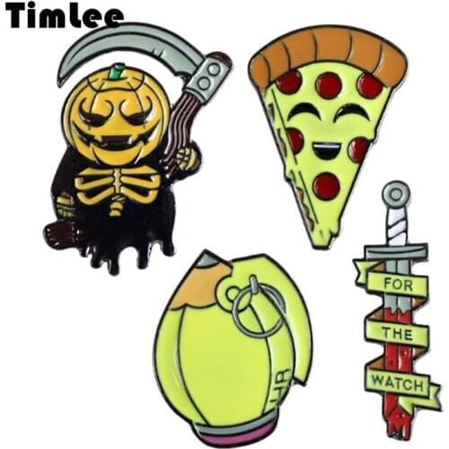 Timlee X018 Personality Cartoon Sword Bomb Pizza Pumpkin Monster Metal Brooch Pins Wholesale