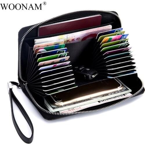 WOONAM Top Hide Genuine Calf Leather Large Capacity Long Zip Clutch Wrist Card Holder Wallet WB824