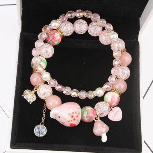 Japanese and Korean fashion pop flower crystal double layer female cartoon rabbit simple bracelet for women