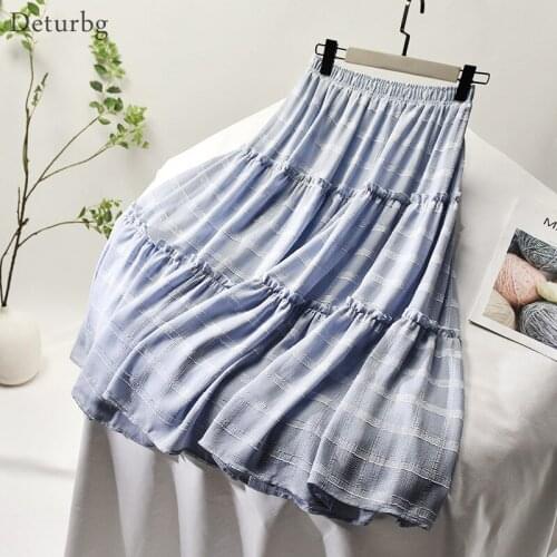 Womens Elegant Lace Patchwork Plaid Skirt With Liner Ladies Korean High Waist Pleated Slim Midi Skirts Saias 2021 Spring SK513