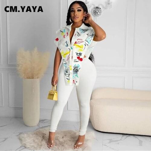 CM.YAYA Women Set Print Sleeveless Single Breasted Hollow Out Shirts Tops Stretchy Pants Two 2 Piece Sets Fashion Outfit Summer
