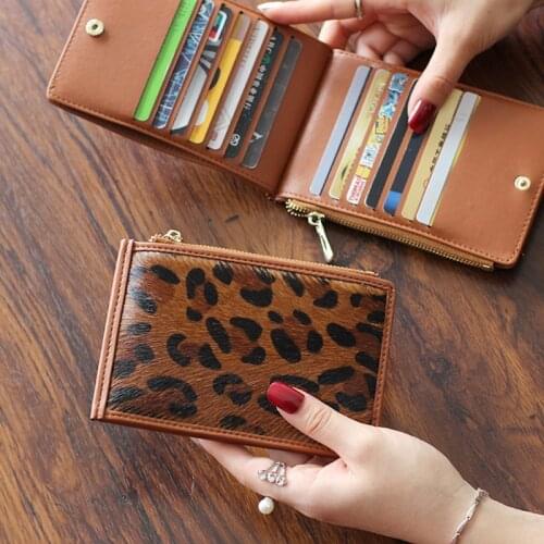 Genuine Leather Womans Wallets New Horsehair Card Holder Leopard Pattern Lady Purse Hand Bag Multi Function Ultra Thin Wallet