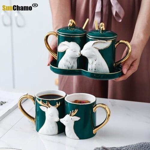 2Pcs/Set Nordic Mug Couple Pair Cup Creative Spoon with Lid Ceramic Love Cup Tray Lid Valentine Day Wedding Gift Box Milk Mugs