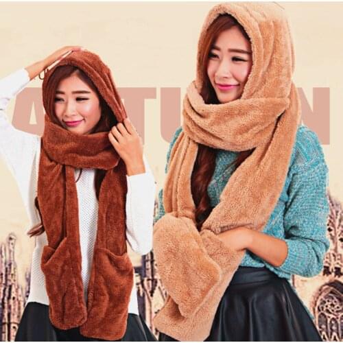 3 in 1 Women Warm Hood Scarf Snood Pocket Gloves Hat Comfortable for Winter Outdoor -OPK