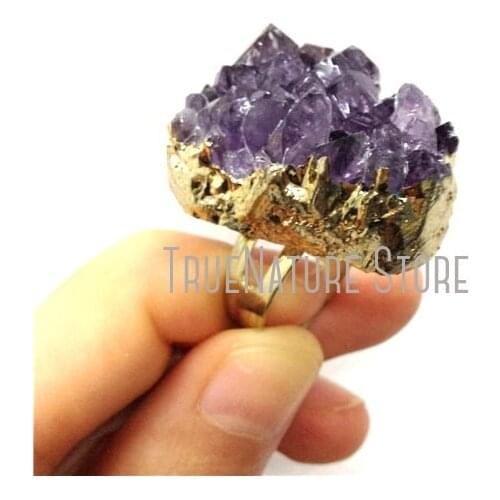 5Pcs RM16613 Cluster Gold Plated Rings Crystal Amethyst Jewelry Gold Plated Amethyst Cluster Druzy Crystal Free Form Ring