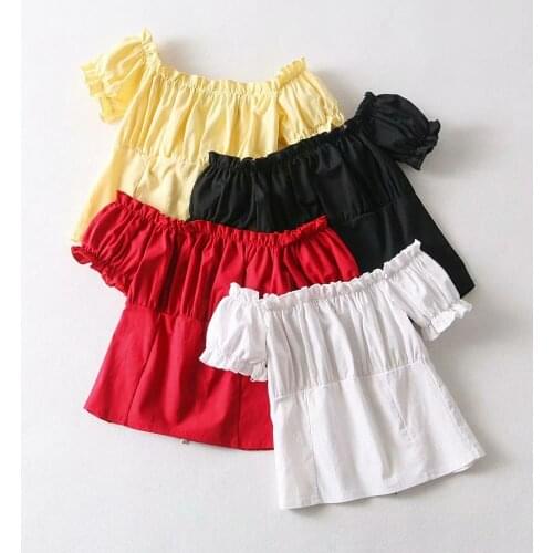 Summer Off Shoulder Shirt Women Ruffled Elastic Waist Short Sleeve Solid Color Blouse Female Slash Neck Sexy Tops Shirts H9195