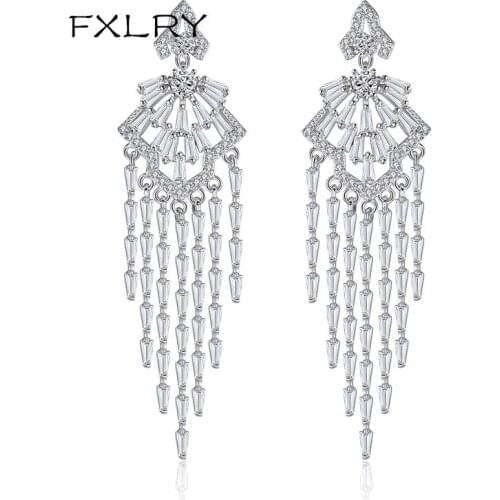 FXLRY New Elegant Jewelry White Color Cubic Zircon Geometric Long Tassel Earrings For Women Fashion Jewelry
