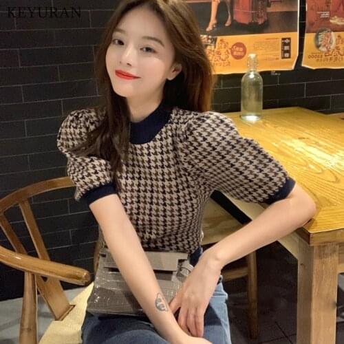 Korean Knitted Short Sleeve O Neck Women Pullovers Harajuku Hit Color Patchwork Plaid New Sweaters Vintage Sweet Sueter Mujer