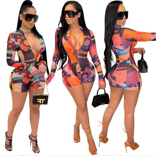 SUJYing 2021 Summer New Womens Long Sleeve Jumpsuit Shorts Sexy Net See-Through Nightwear