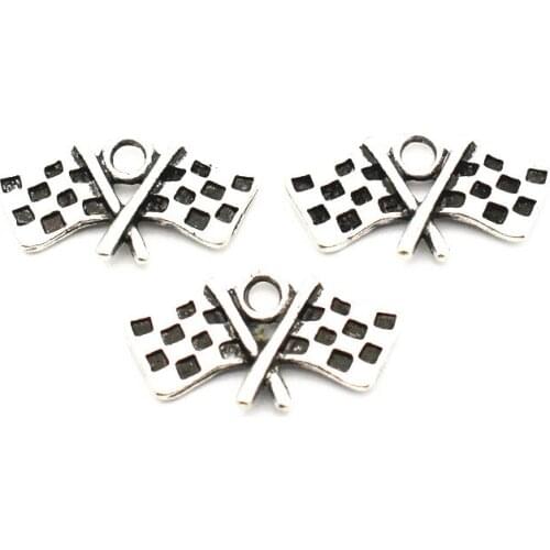 Hot Sale 12pcs/lot Sport Chequered Flag Silver Alloy Dangle Charms Lobster Clasp Hanging Charm For DIY Pendant Bangle Jewelry