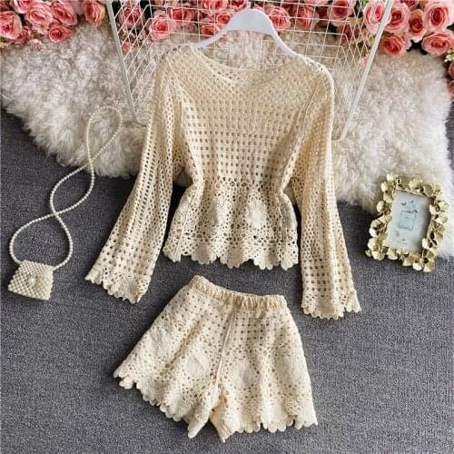 Sweet Women Sexy Hollow Out Lace Sets Women Beach Style Crochet Shorts Sets Women