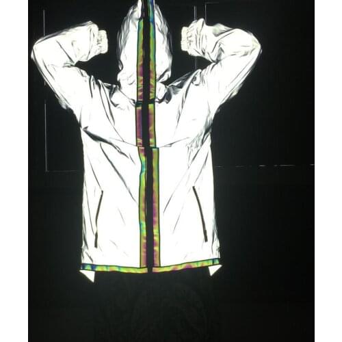 Drop Shipping Full Light Reflective Men Jacket Long Hooded Skateboard Outwear Jacket Streetwear Hip Hop Street Dance Windbreaker