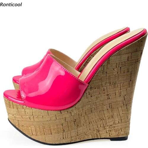 Ronticool Handmade Women Mules Sandals Patent Leather Wedges Heel Open Toe Gorgeous 10 Colors Party Shoes Women Plus Size 35-46