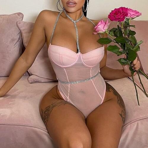 New Womens Sexy Teddy Pink Lingerie Lace See-through Underwire Gather Bra Sexy Jumpsuit With Metal Chain Sling Top Bodysuit