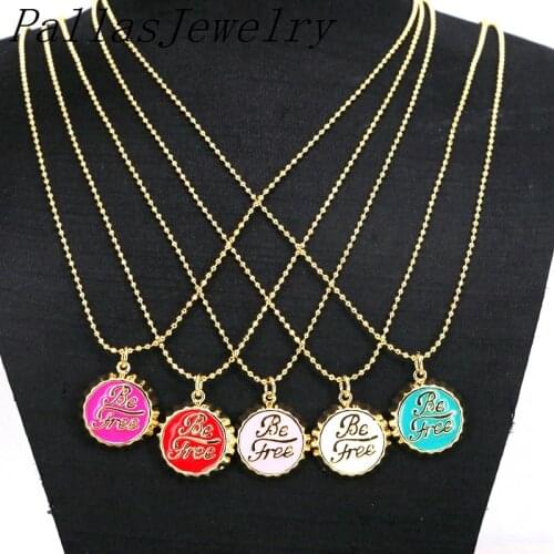 10Pcs New Fashion Mix Color Enamel Round Flat Bottle Caps Charm Pendant Necklace with Letter Words Gold Plated Gift Jewelry