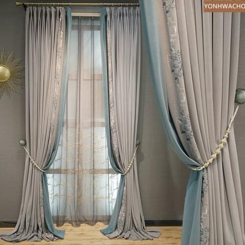 Custom curtains simple Light grey flannel living room modern embroidered velvet cloth blackout curtain tulle panel C320