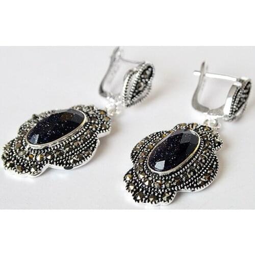 RETRO VINTAGE 925 SILVER BLUE SAND jade MARCASITE EARRINGS 11/2" BEST GIFT