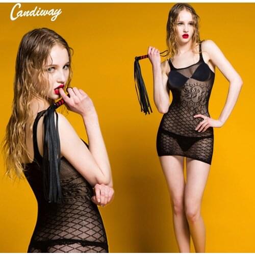 Sexy Apparel Mesh Hollow One Shoulder Bodycon tassel dress Erotic Lingerie Dresses Asymmetric Crotchless Lace GA056