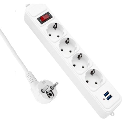 EU Plug Socket Network Filter 2500W 10A Power Board Switch With 2M Extension Cord Surge Protector 4 AC Power Supply 2 USB