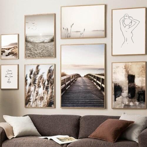Scandinavian Nature Landscape Canvas Painting Nordic Wall Art Grass Bridge Beach Sunset Poster Print Modern Pictures Home Decor
