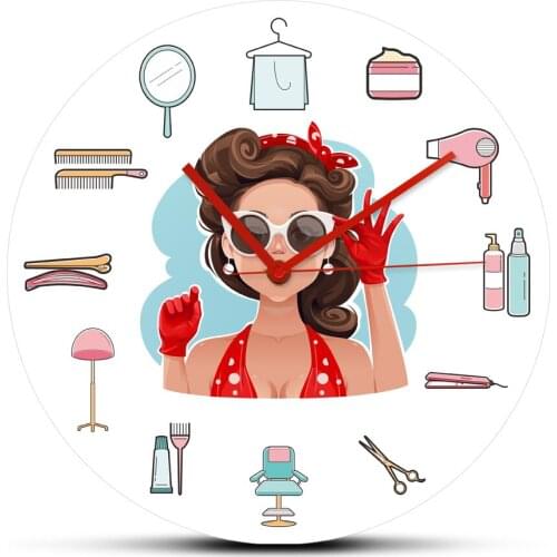 Pin-Up Girl Wearing Sunglasses Hair Salon Equipments Quartz Mute Wall Clock Fashion Sexy Lady Beauty Studio Acrylic Wall Watch