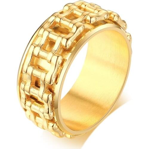 Free Custom Engraving 9.5mm Gold Bicycle Chain Links Ring in Stainless Steel Biker Spinner Ring Motorcycle Ring